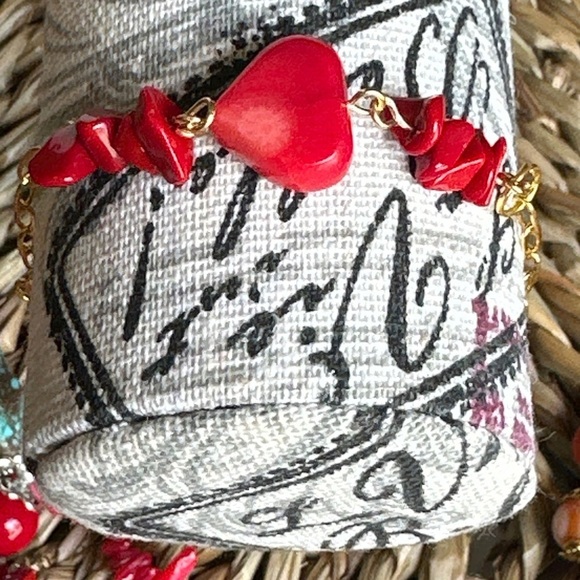 Coral rosary link chain hearts /adjustable charm dainty silver bracelet/ - Picture 3 of 8